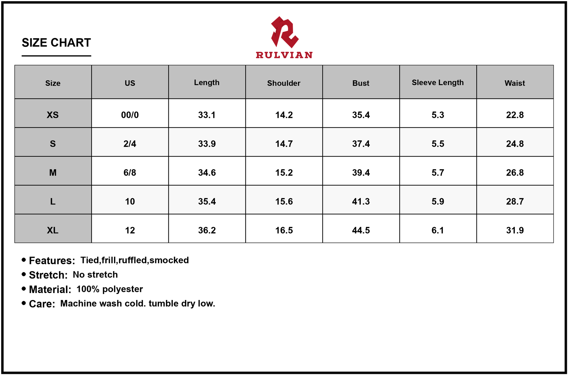 Size Chart - Women's Tie Front Mini Dress with Smocked Waist Frill and Ruffle Details 100% Polyester Imported Quality Everyday