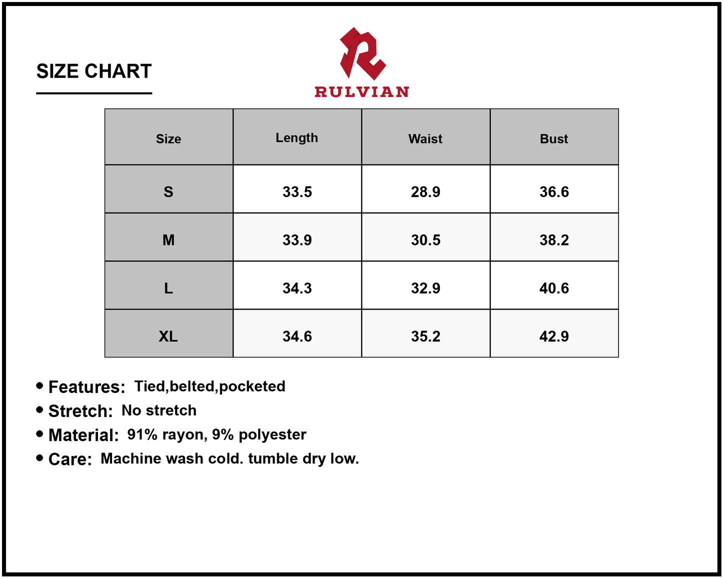 Size Chart - Womens V neck Short Sleeve Dress with Pockets 91% Rayon 9% Polyester Fabric Blend for Everyday Comfort All Day Wear