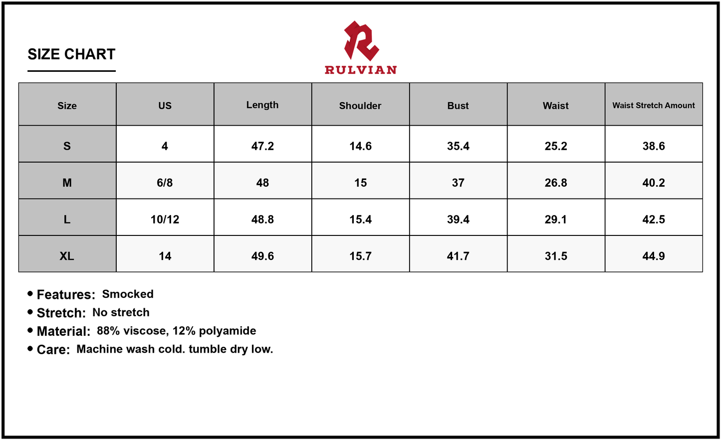 Size Chart - Women's V Neck Sleeveless Midi Dress Smocked Style with Lightweight Flow and 88% viscose 12% polyamide fabric line