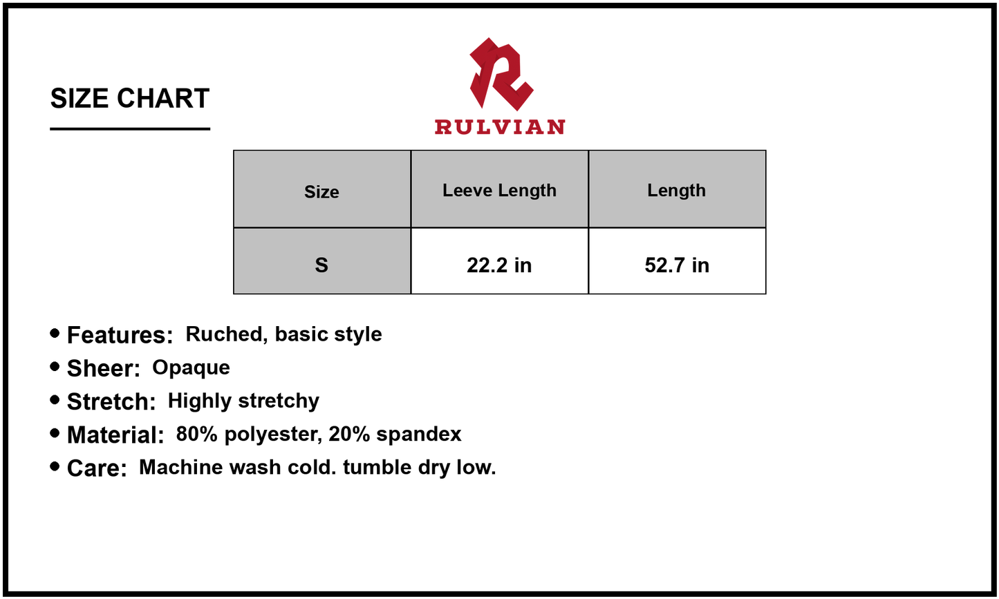 Size Chart - Women's High Low Ruched Surplice Long Sleeve Dress 80% Polyester 20% Spandex Stretchy Fit and Flowy Silhouette