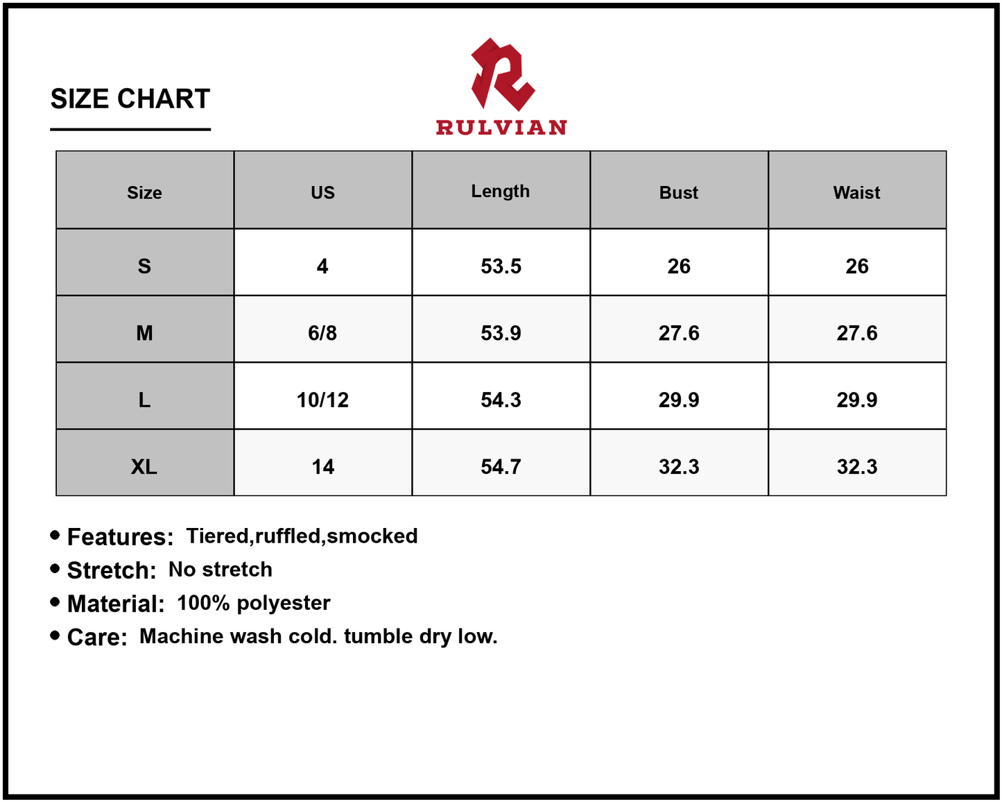 Size Chart - Women's Bohemian Floral Print Smocked Tiered Maxi Dress 100% Polyester Fabric Comfortable and Easy Care for Summer