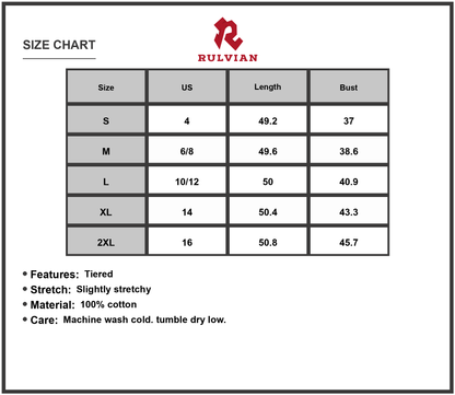 Size Chart - Women's Tiered V-Neck Sleeveless Dress with Lightweight Cotton 100% Comfortable Fit and Soft Structure for All Day Wear