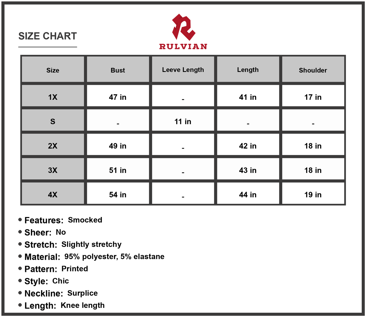 Size Chart - Women's Honey Botanical Print Flutter Sleeve Smocked Waist Dress Surplice Neck Knee Length 95% polyester 5% elastane