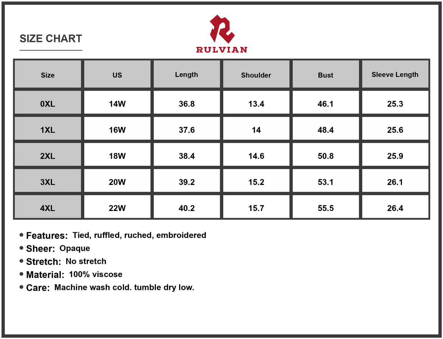 Size Chart - Women's Plus Size Embroidered Tie Neck Long Sleeve Mini Dress with Ruched Detail in Viscose % fabric for everyday chic