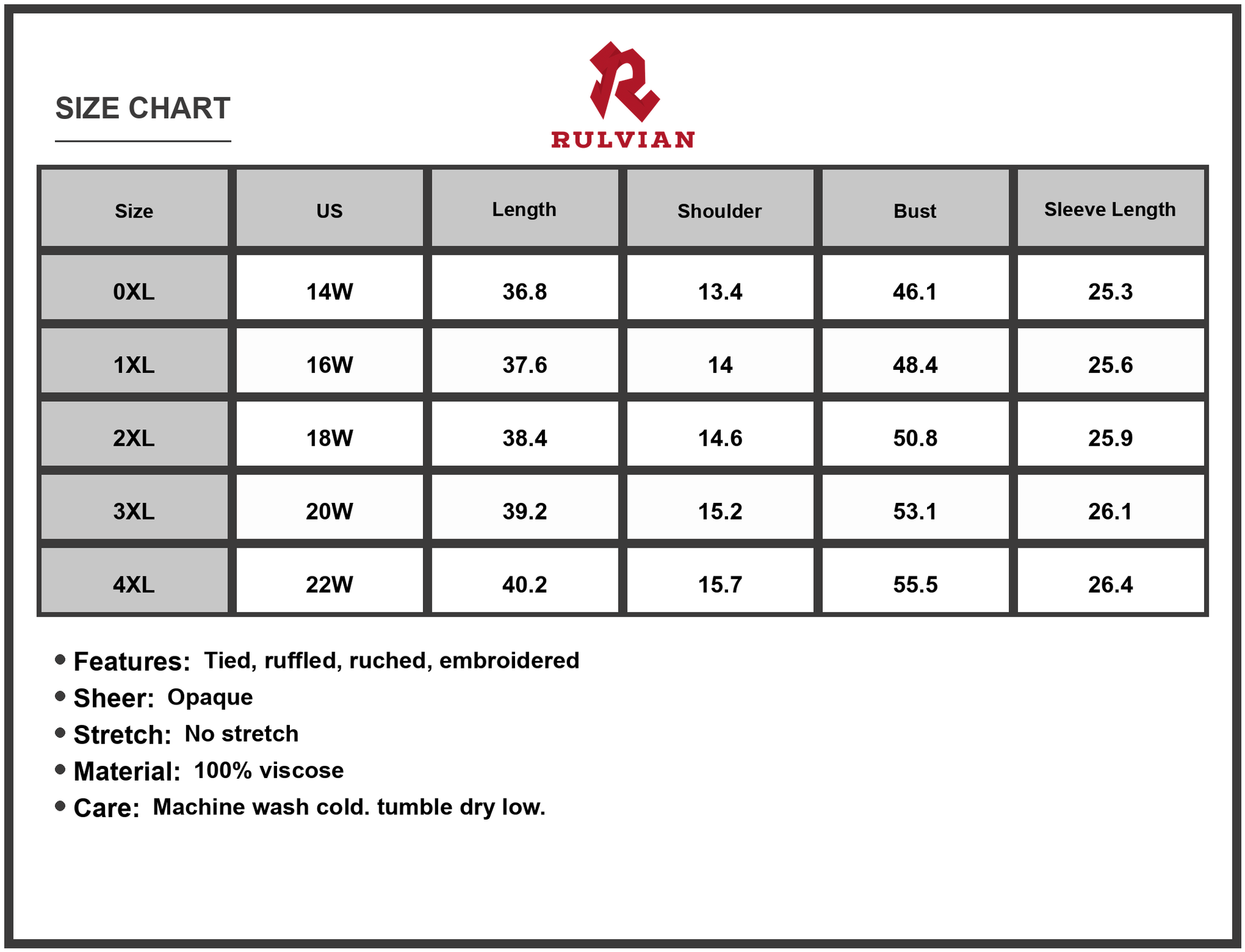 Size Chart - Women's Plus Size Embroidered Tie Neck Long Sleeve Mini Dress with Ruched Detail in Viscose % fabric for everyday chic