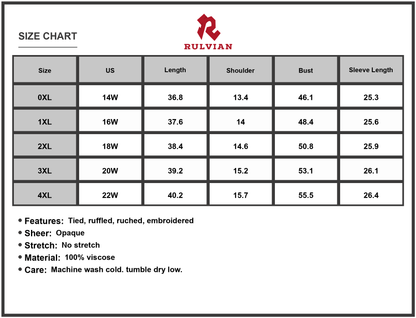 Size Chart - Women's Plus Size Embroidered Tie Neck Long Sleeve Mini Dress with Ruched Detail in Viscose % fabric for everyday chic
