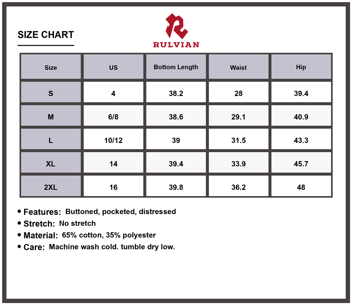 Size Chart - Women's Distressed Jeans with Pockets Buttoned Casual Everyday Fashion Durable Versatile Premium Quality Modern Fit Trendy Pants