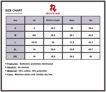 Size Chart - Women's Distressed Jeans with Pockets Buttoned Casual Everyday Fashion Durable Versatile Premium Quality Modern Fit Trendy Pants