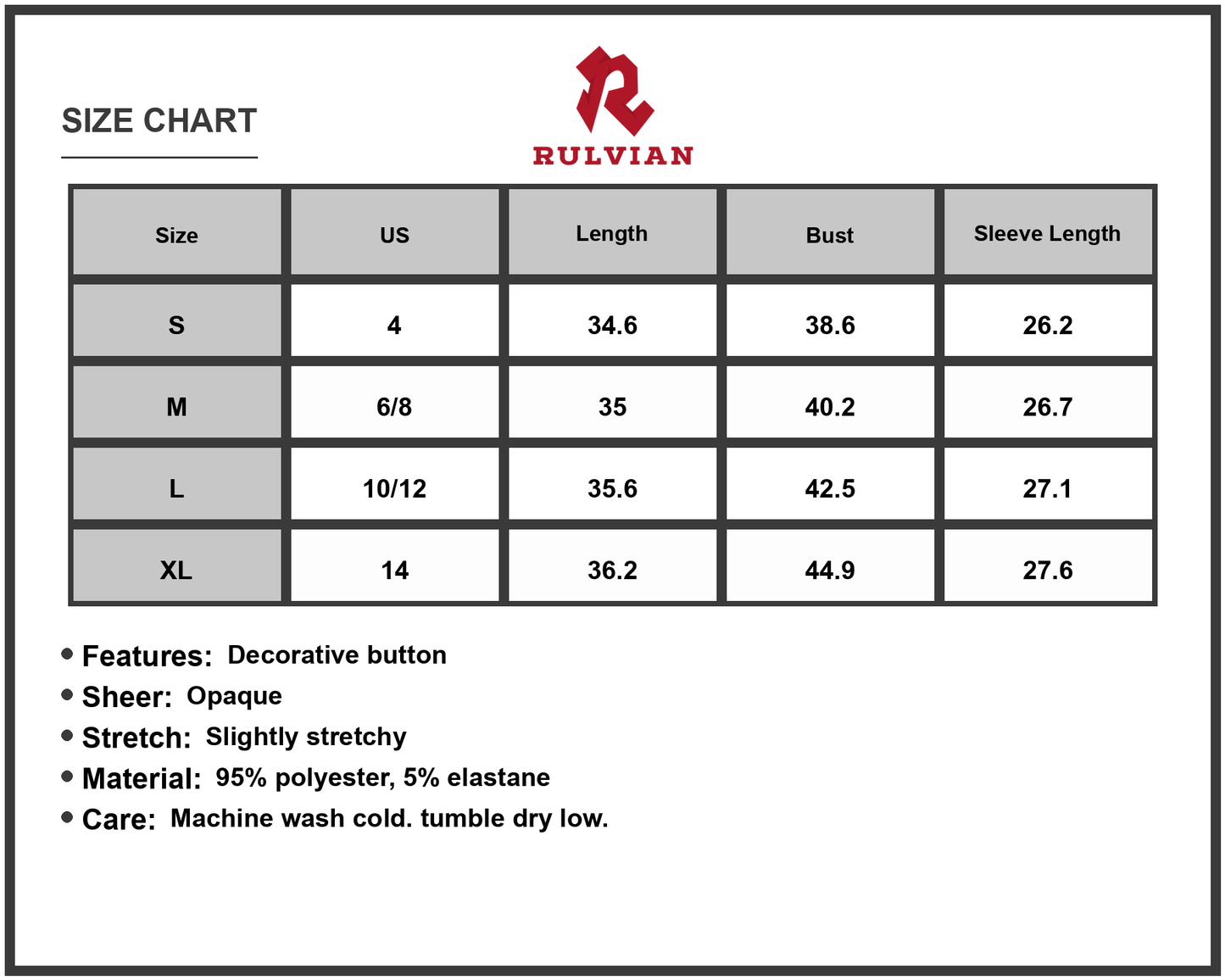 Size Chart - Women's Texture Mock Neck Long Sleeve Mini Dress with Decorative Button Sheer Opaque Stretch 95% polyester 5% elastane
