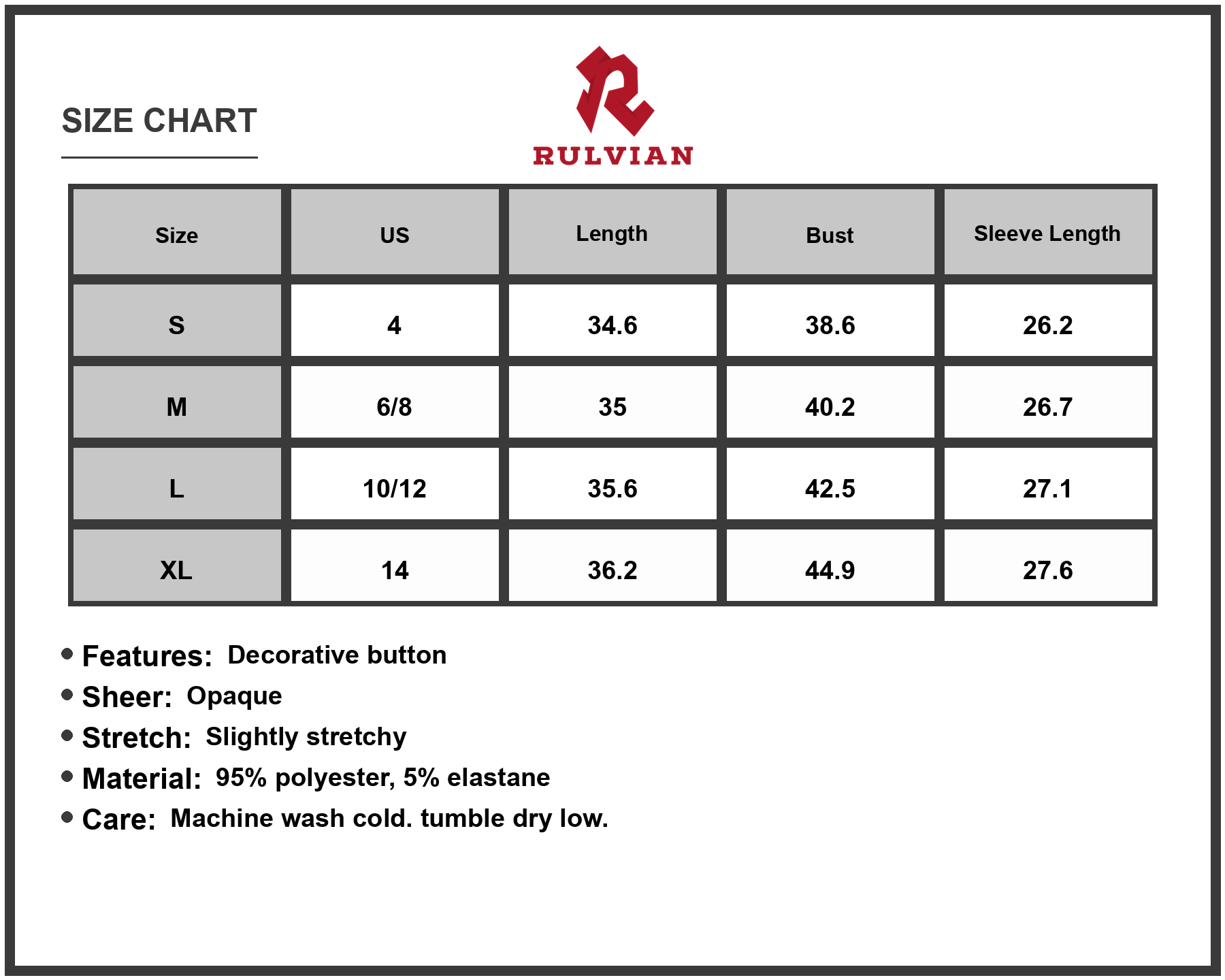 Size Chart - Women's Texture Mock Neck Long Sleeve Mini Dress with Decorative Button Sheer Opaque Stretch 95% polyester 5% elastane