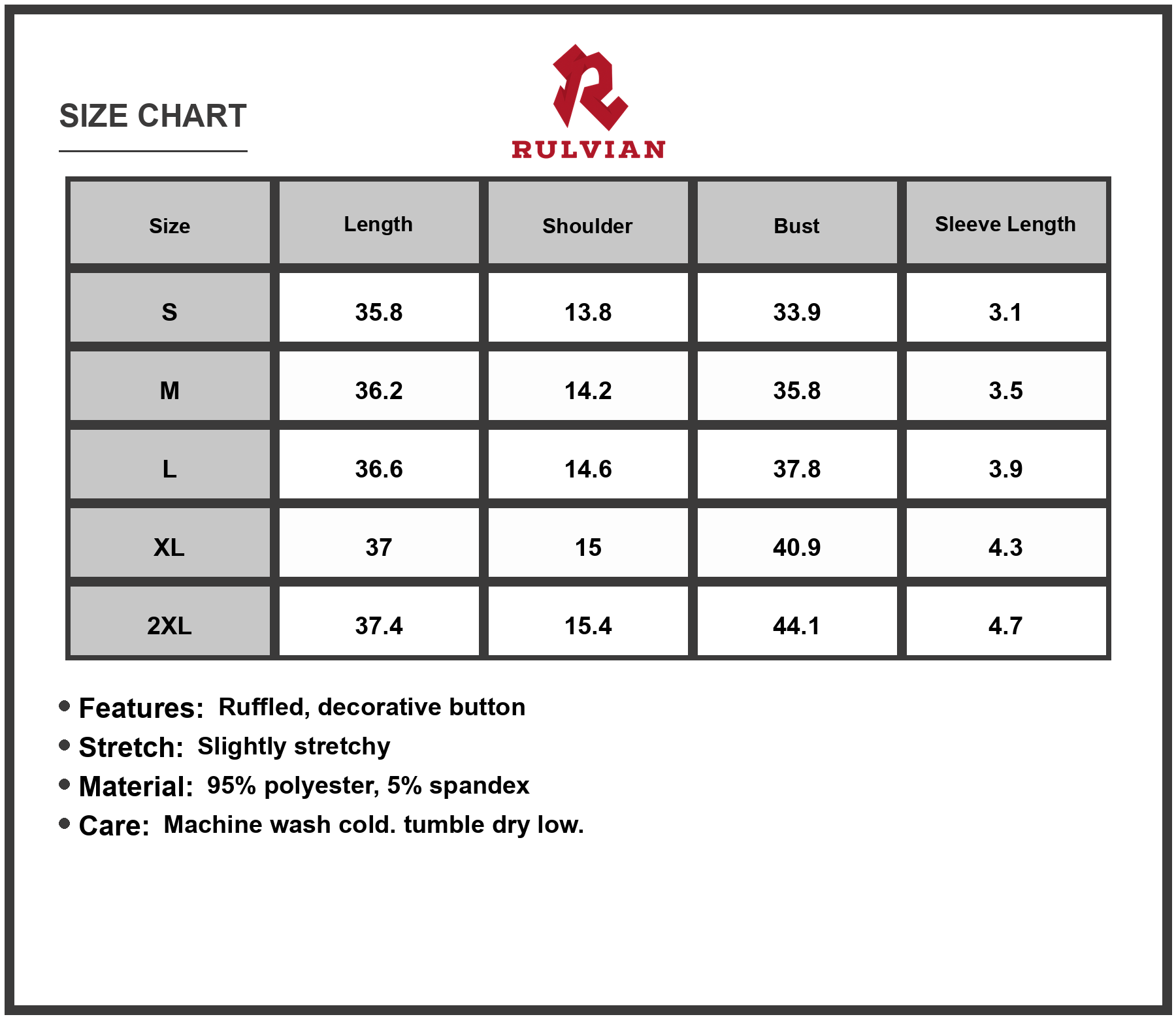 Size Chart - Women's V Neck Ruffled Cap Sleeve Dress with 95% Polyester 5% Spandex for a Flattering Look and Lightweight Comfort