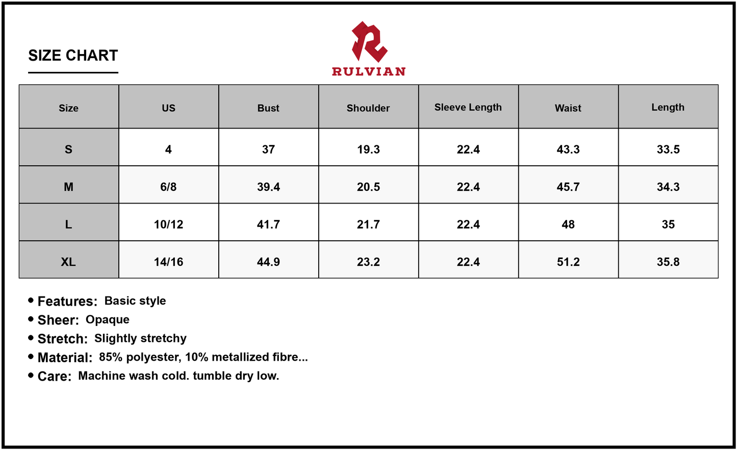 Size Chart - Women's Textured V Neck Long Sleeve Mini Dress For Day Night Events 85% Polyester 10% Metallized Fibres 5% Elastane