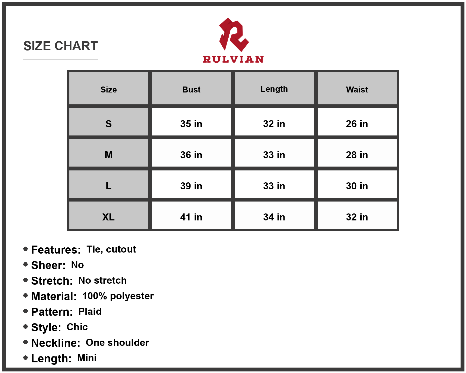 Size Chart - Men's Grid One Shoulder Tied Cutout Mini Dress Plaid Chic Casual Sleeveless Fabric 100% Polyester Casual Everyday Wear