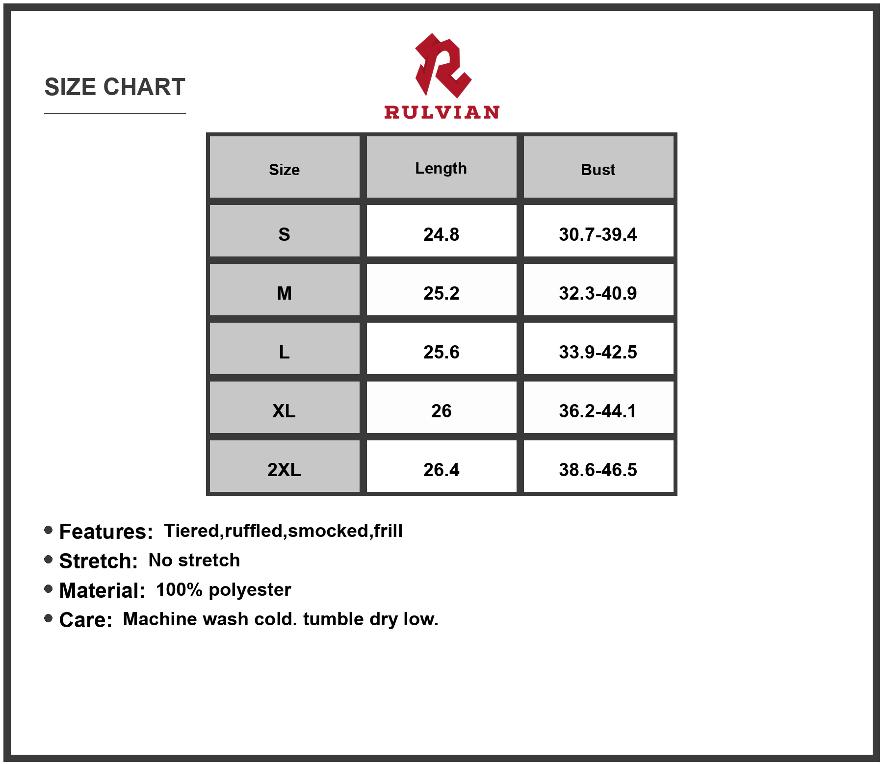 Size Chart - Women's Printed Tie Strap Tiered Mini Dress with Frill Smocked Details Lined for Comfort 100% Polyester Fabric