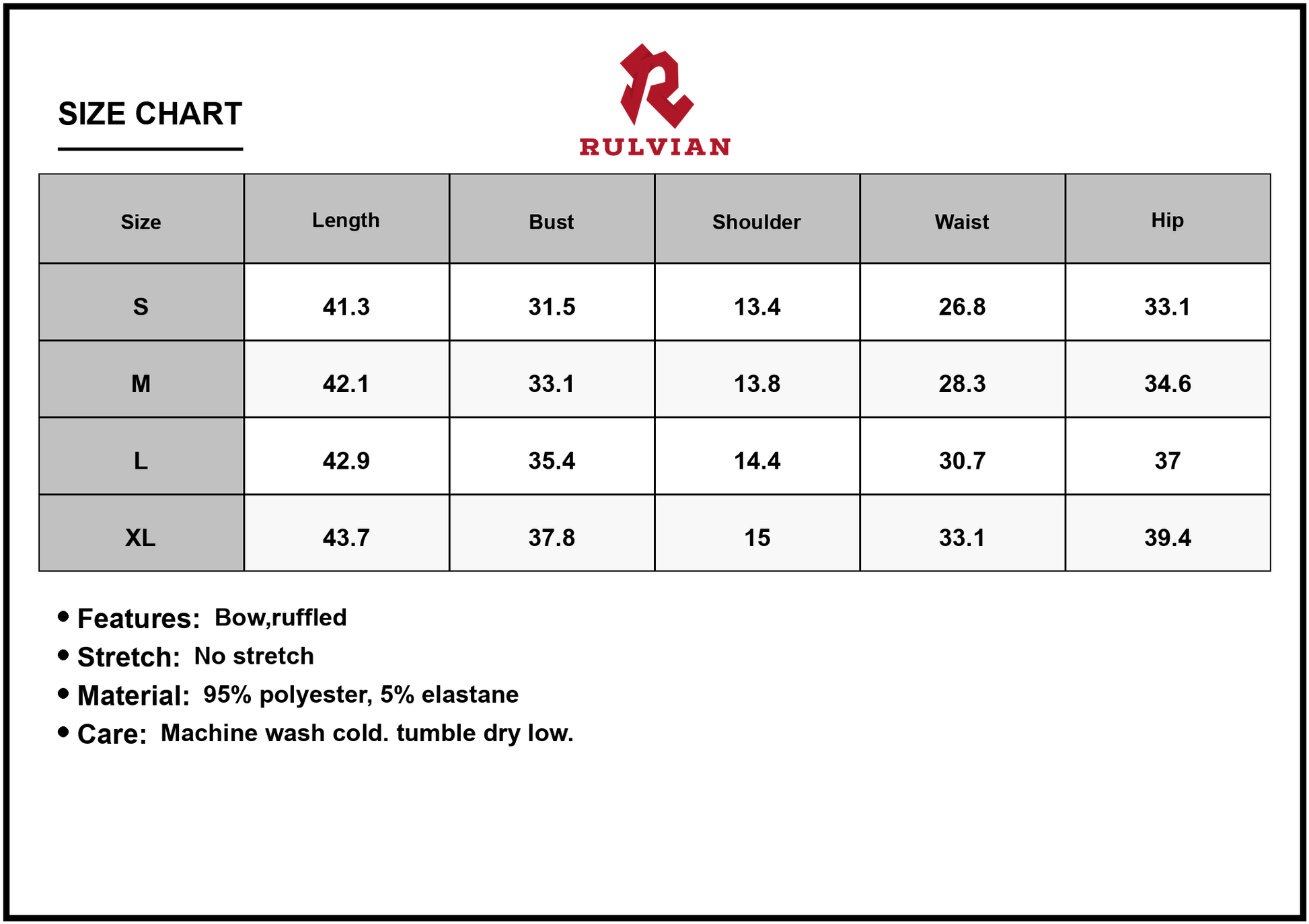 Size Chart - Women's Bow Detail Puff Sleeve Midi Dress with Flattering Fit and Elegant Silhouette 95% polyester 5% elastane