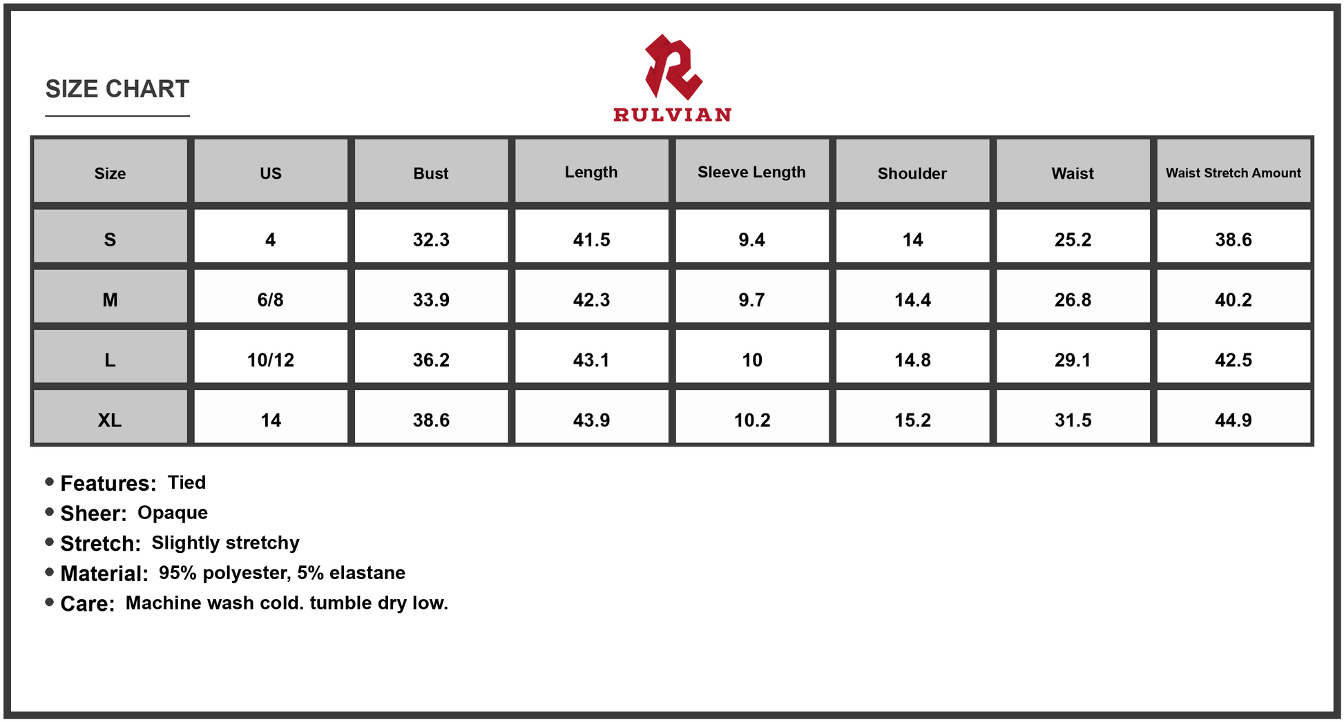 Size Chart - Women's Tied Printed Short Sleeve Mini Dress with Sheer Overlay ninety five percent polyester and five percent elastane