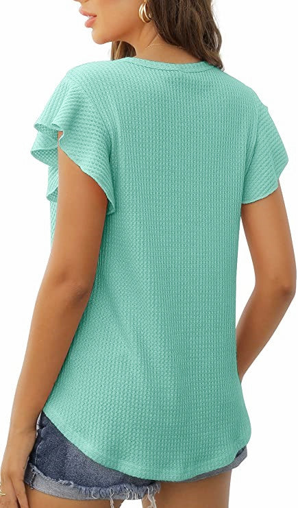 Women's Waffle Knit Short Sleeve Round Neck Top with Ruffle Sleeve Polyester 100% Casual Comfort Everyday
