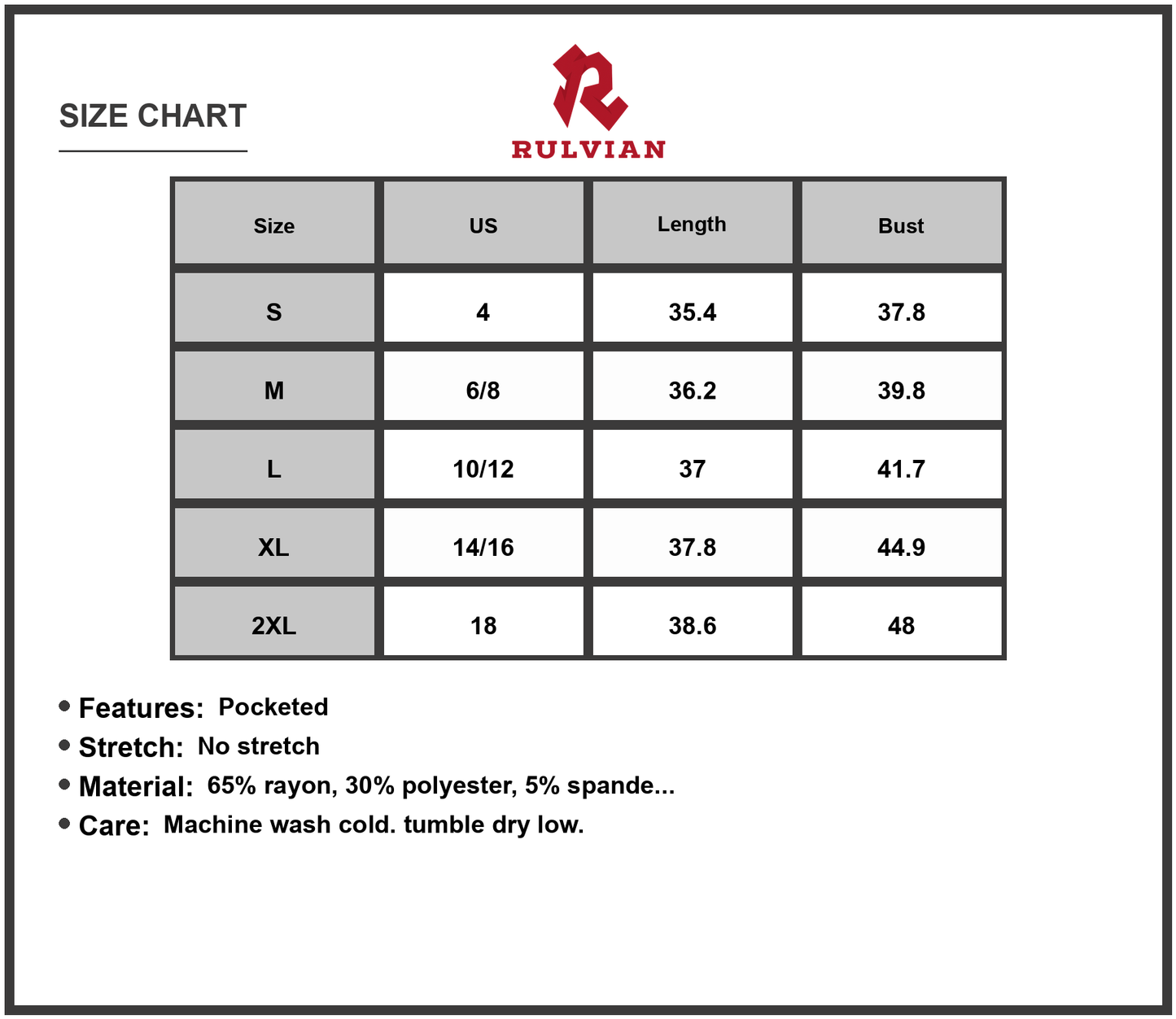 Size Chart - Women's Printed V Neck Sleeveless Mini Dress with Pockets 65% rayon 30% polyester 5% spandex Lightweight Summer Dress