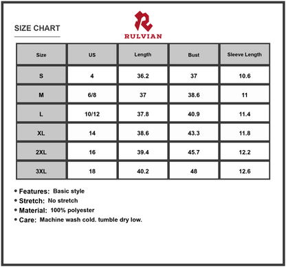 Size Chart - Women's Tassel V-Neck Short Sleeve Dress Plus Size with 100% Polyester Fabric for Elegant Everyday Wear and Easy Care