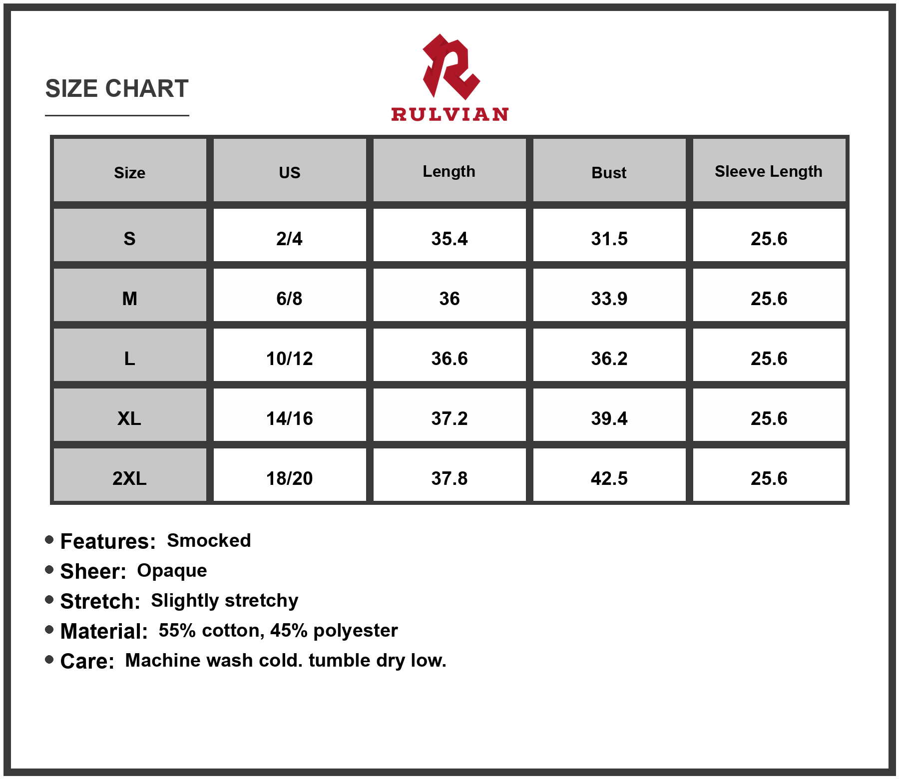 Size Chart - Women's Double Take Texture Smocked Balloon Sleeve Mini Dress 55% cotton 45% polyester elegant relaxed day to night wear