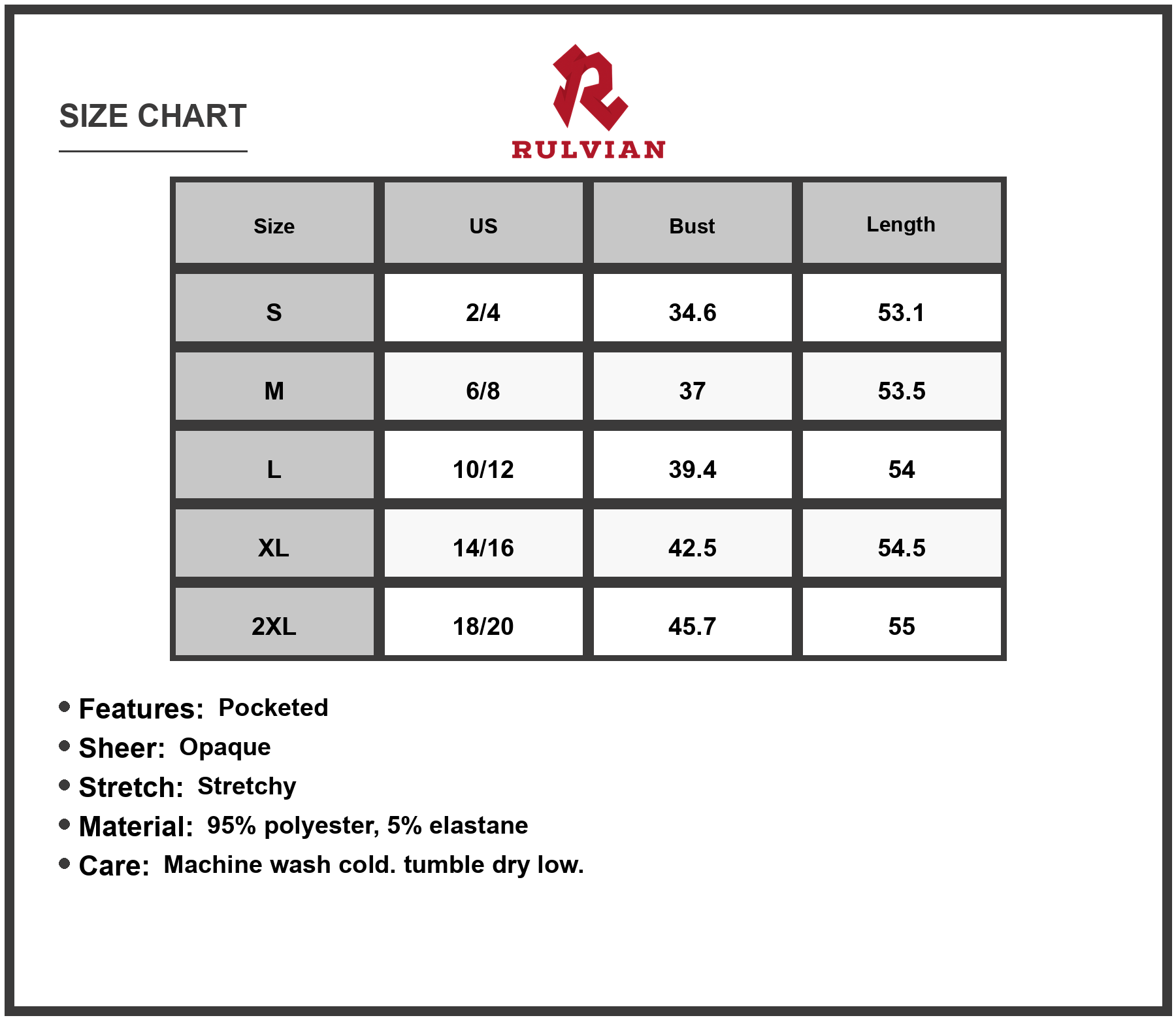 Size Chart - Women's Pocketed Striped V Neck Sleeveless Cami Dress with Sheer Panel and Stretchy Body 95% Polyester 5% Elastane