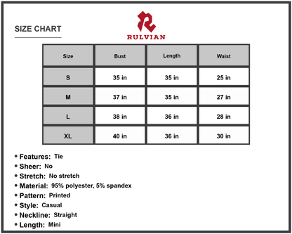 Size Chart - Women's Printed Tie Waist Ruffle Hem Sleeveless Dress Casual Mini Length 95% polyester 5% spandex Comfortable Fit