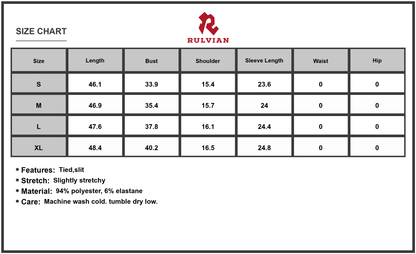 Size Chart - Women's Velvet Slit Round Neck Long Sleeve Dress with Side Tie Ninety Percent Polyester Six Percent Elastane for Stretch