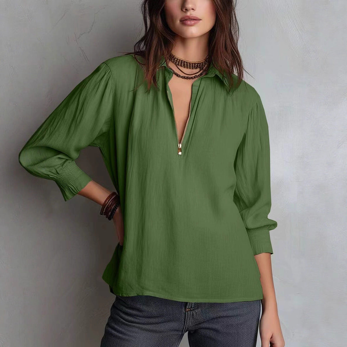 Women's Western Style Shirt Collar Pullover 100% Polyester Elegant Workwear Top For Office In Multiple Colors