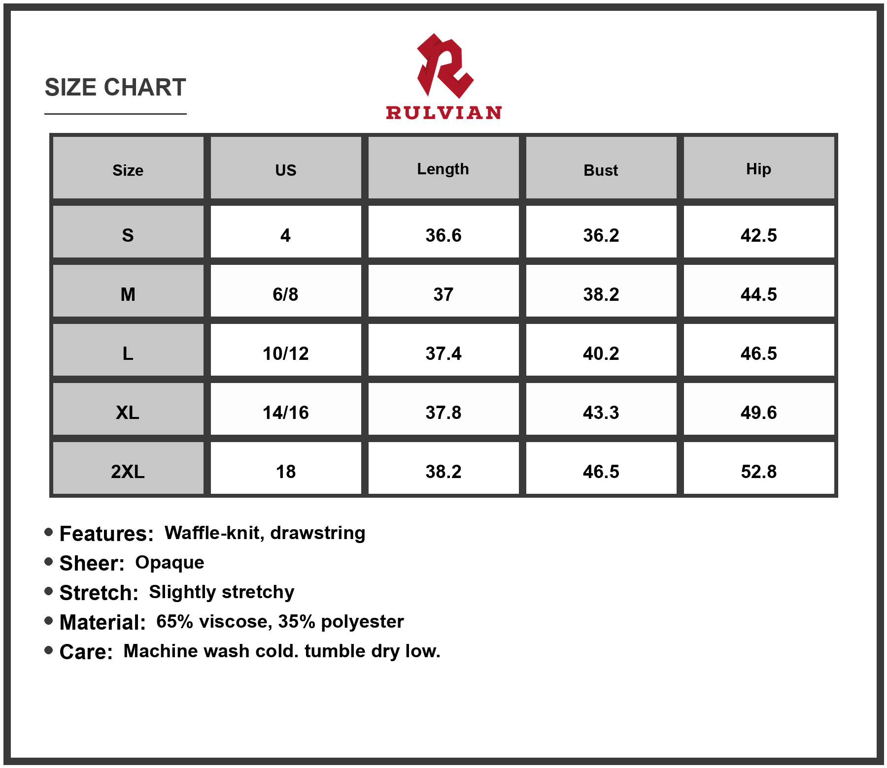 Size Chart - Women's Waffle Knit Drawstring Mini Tank Dress with Lined Body and Stretchy Soft fabric 65% Viscose 35% Polyester