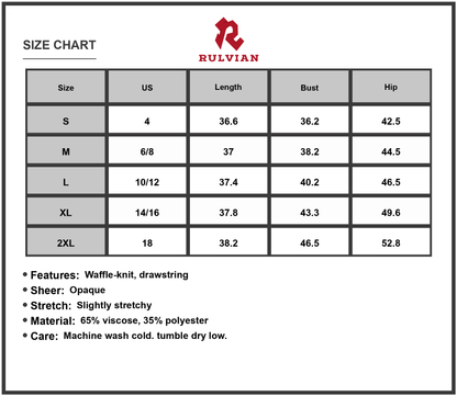 Size Chart - Women's Waffle Knit Drawstring Mini Tank Dress with Lined Body and Stretchy Soft fabric 65% Viscose 35% Polyester