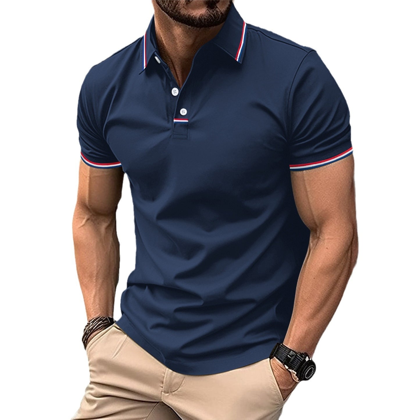 Men's Button Front Short Sleeve T Shirt With Stripe Pattern Pure Color All Match 60% Polyester Lightweight