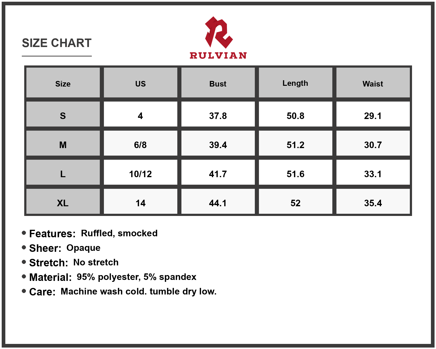 Size Chart - Women's Ruffled Smocked Square Neck Maxi Dress with Sheer Overlay and Opaque Bodice 95% Polyester 5% Spandex