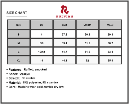 Size Chart - Women's Ruffled Smocked Square Neck Maxi Dress with Sheer Overlay and Opaque Bodice 95% Polyester 5% Spandex