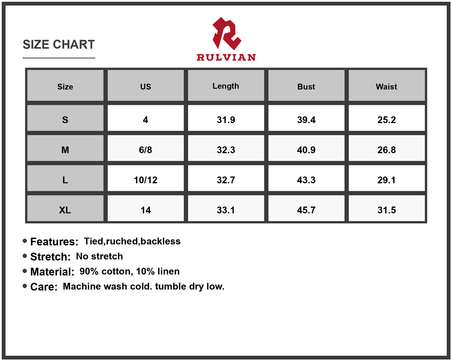 Size Chart - Womens Cutout Halter Neck Mini Dress with Tied Back and Ruched Bodice Breathable Lightweight 90% Cotton 10% Linen Lined