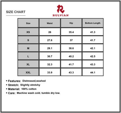 Size Chart - Mens Distressed Loose Fit Jeans Washed Slightly Stretchy Durable Denim Pants for Casual Everyday Wear Comfortable