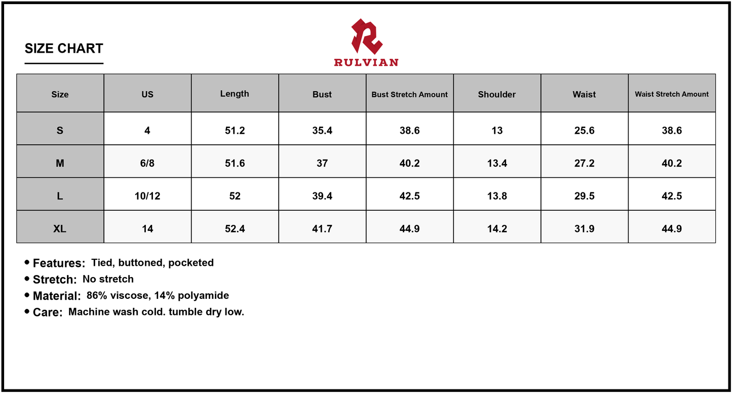Size Chart - Women's V Neck Sleeveless Midi Dress with Tie Front and Pocket Details 86% viscose 14% polyamide soft drape finish