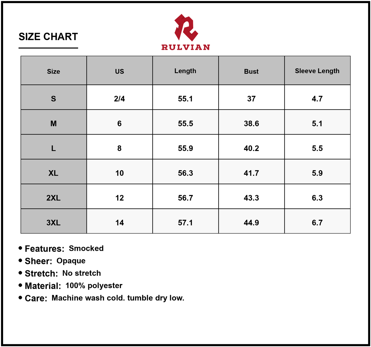 Size Chart - Women's Full Size Smocked Printed V-Neck Short Sleeve Dress designed for a flattering fit and easy care with 100%