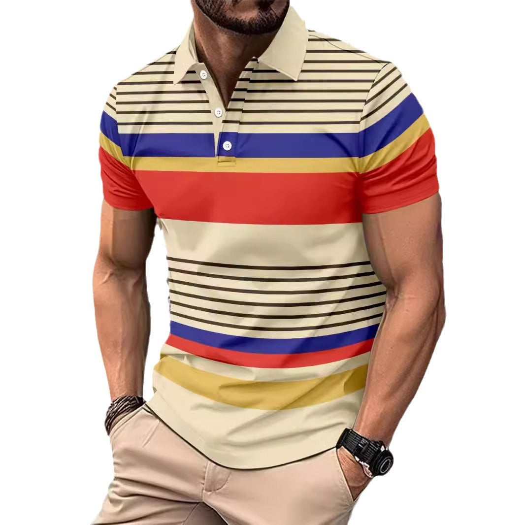 Men's Striped Lapel Short Sleeve Polo Shirt in White Gray Khaki Sky Blue 100% Polyester Fabric Everyday Wear