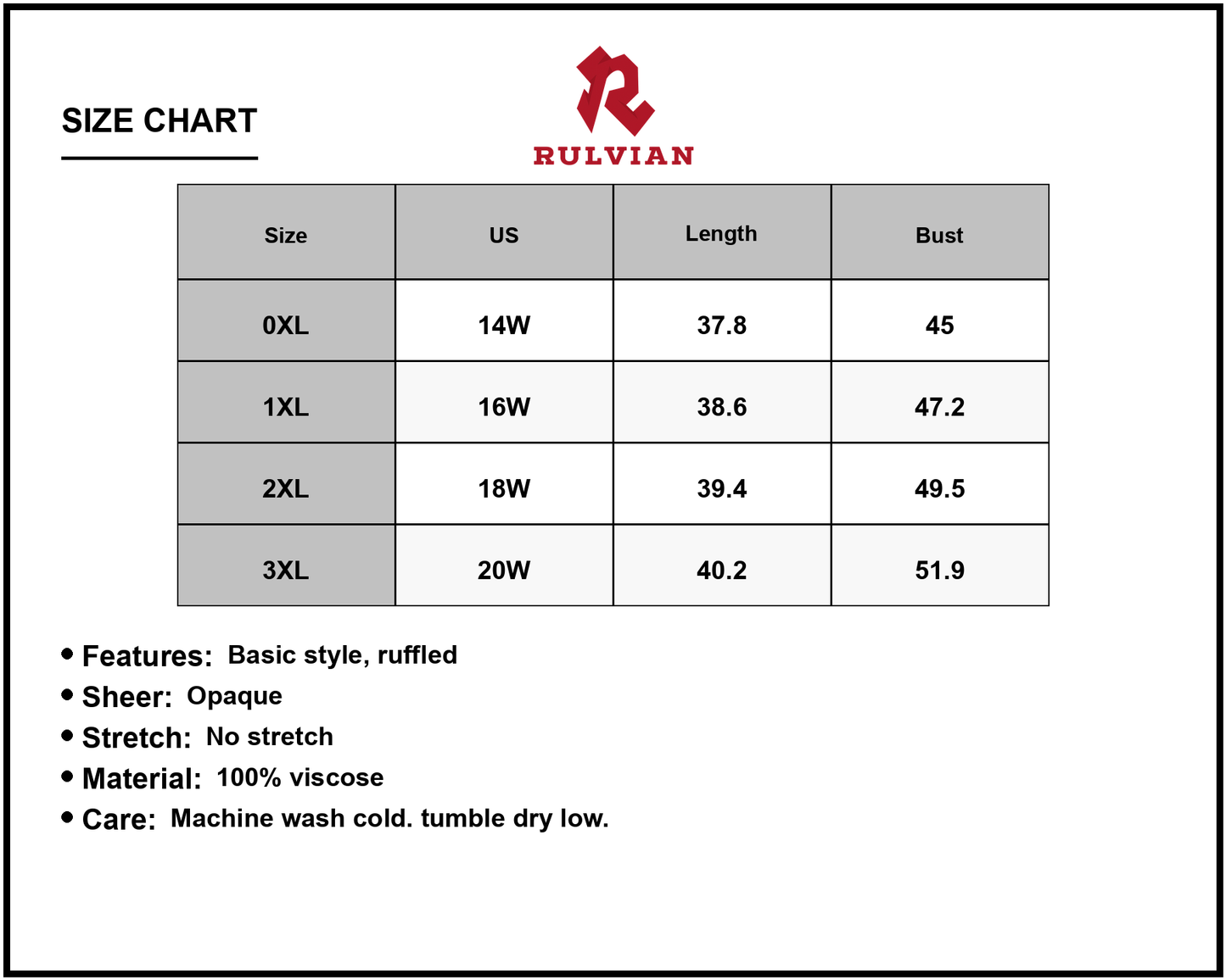 Size Chart - Women's Basic Ruffled Sheer Top 100% viscose Lightweight Blouse No Stretch Opaque Panel for Everyday Wear Casual Fit