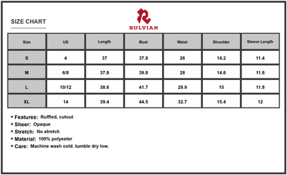 Size Chart - Women's Cutout V Neck Flounce Sleeve Mini Dress 100% Polyester Lined Elegant Party Ready Day to Night Everyday Chic