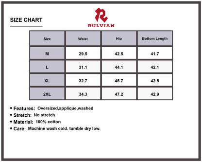 Size Chart - Men's Wide Leg Graphic Jeans Oversized Washed Premium Denim Trendy Casual Relaxed Fit Versatile Everyday Pants