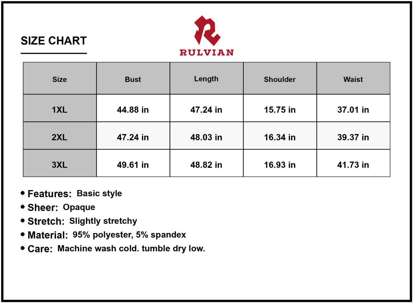 Size Chart - Women's Plus Size V-Neck Sleeveless Midi Dress Elegant Everyday Flattering Fit 1XL 2XL 3XL 95% Polyester 5% Spandex