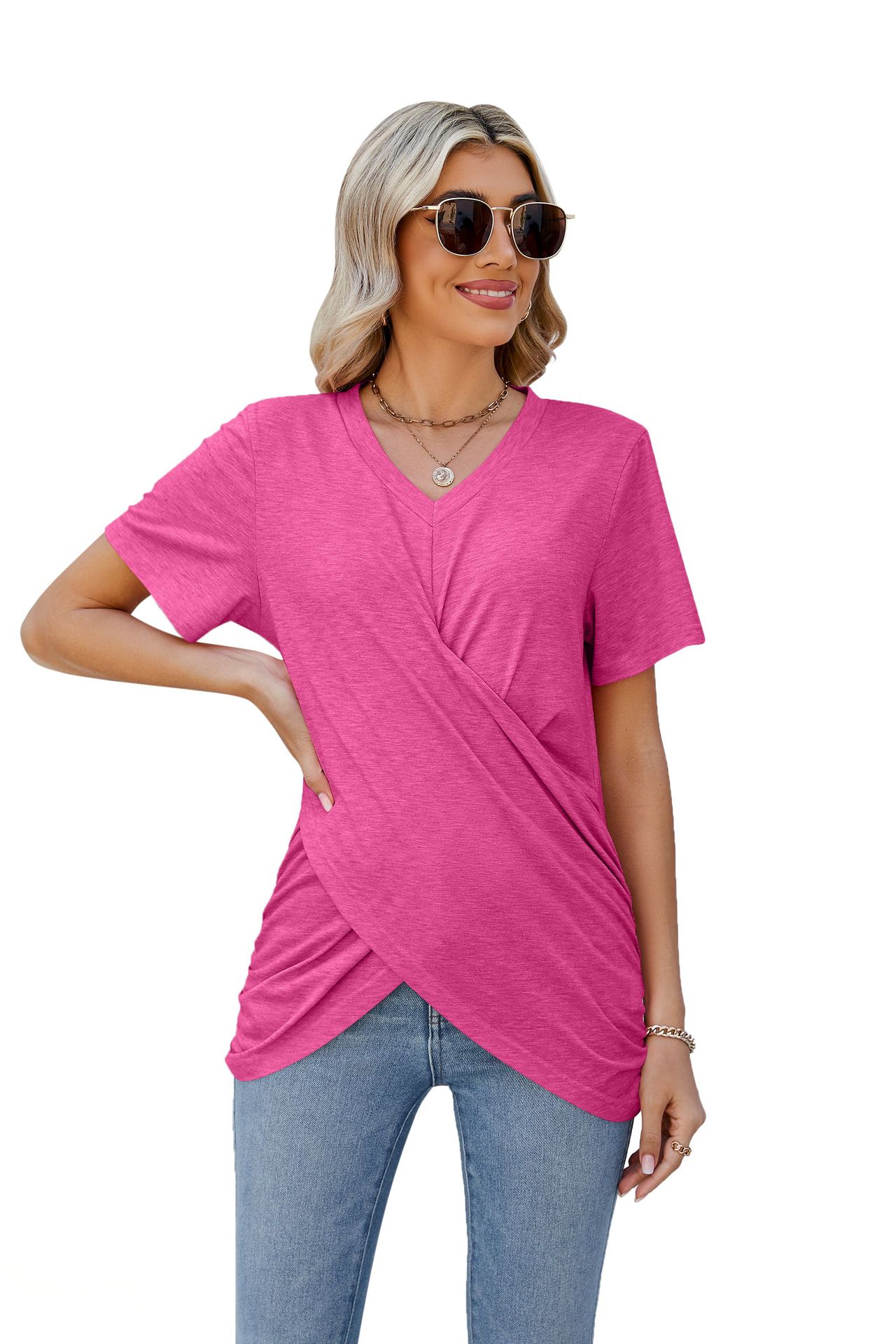 Women's Twisted Top V Neck Short Sleeve Casual Tee Cotton 100% Lightweight Breathable Everyday Wearable