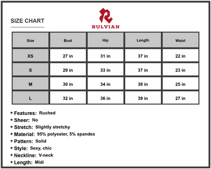 Size Chart - Women's Ruched Spaghetti Strap Crisscross Detail Midi Dress 95% Polyester 5% Spandex V Neck Pencil Hem Chic Party Dress
