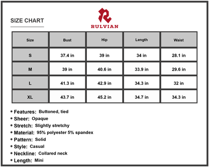 Size Chart - Women's Button Down Ruched Tie Belt Dress with Collared Neck Short Sleeve Mini Length and 95% Polyester 5% Spandex