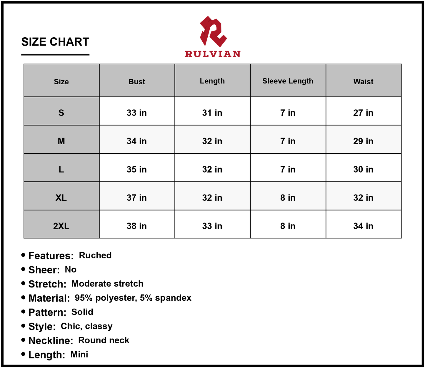 Size Chart - Women's Round Neck Cuffed Sleeve Side Tie Dress Chic Mini Silhouette with Ruched Neckline 95% polyester and 5% spandex
