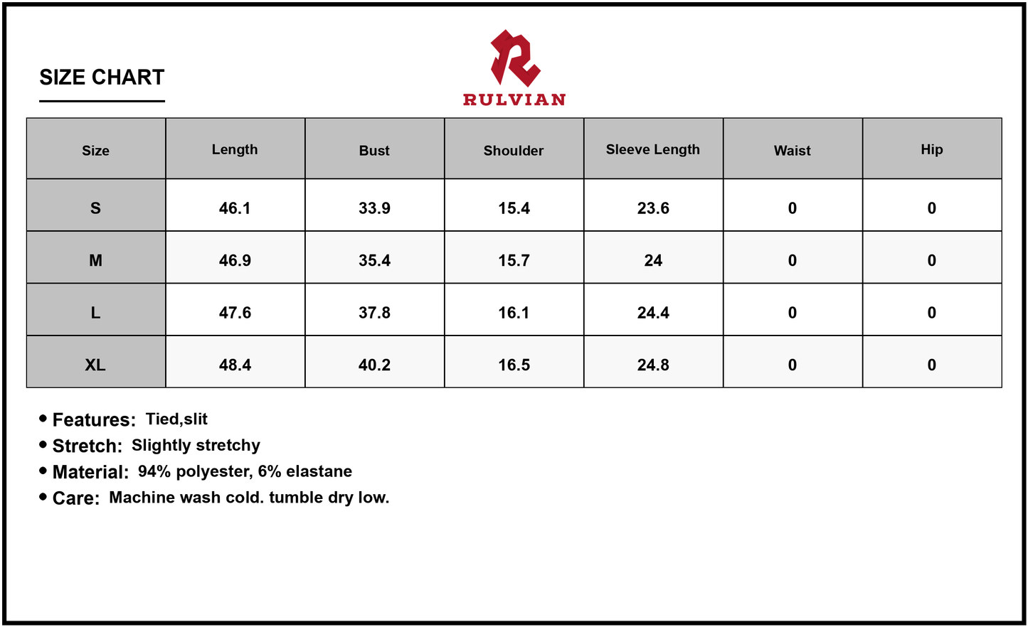 Size Chart - Women's Velvet Slit Round Neck Long Sleeve Dress with Side Tie Ninety Percent Polyester Six Percent Elastane for Stretch