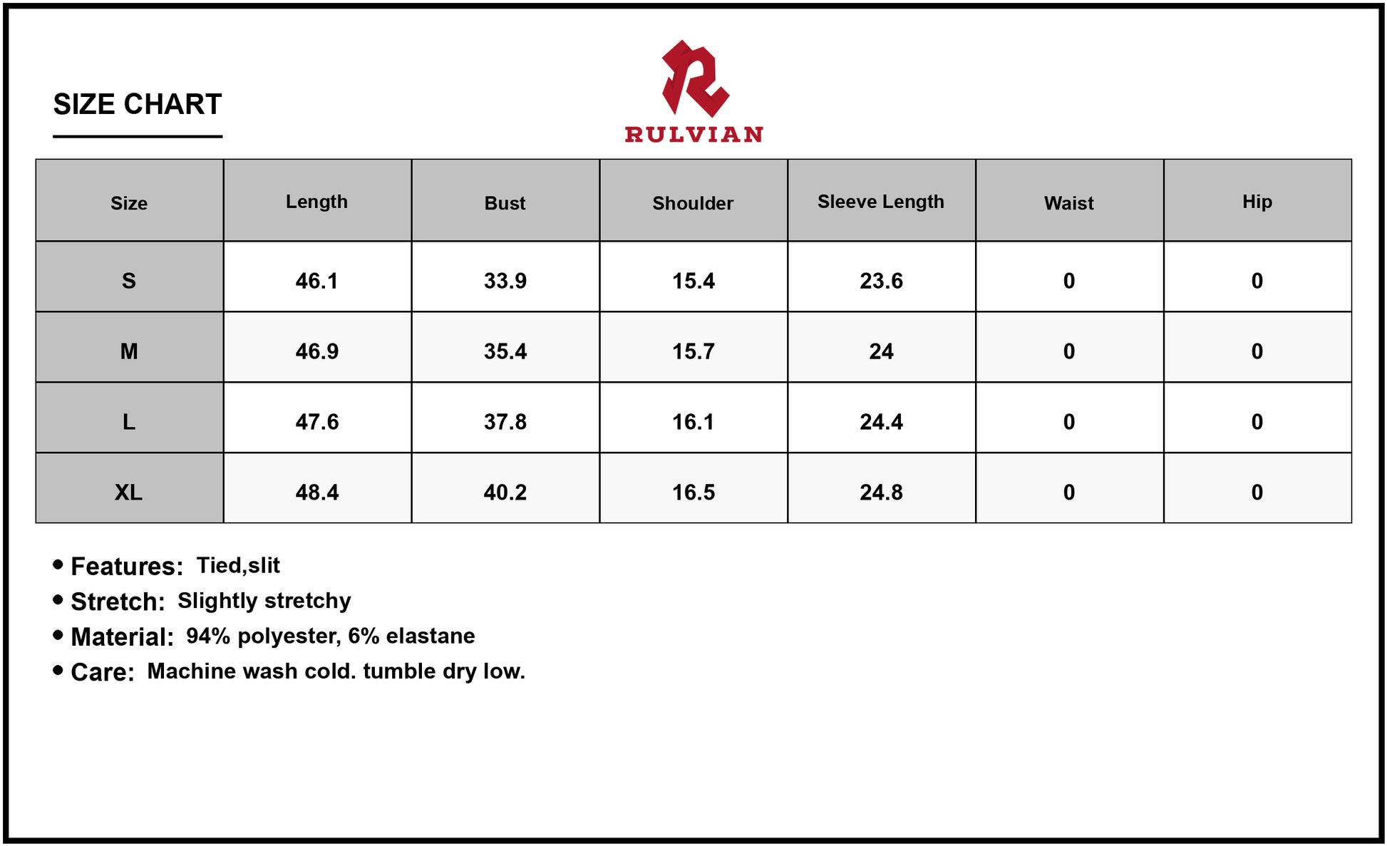 Size Chart - Women's Velvet Slit Round Neck Long Sleeve Dress with Side Tie Ninety Percent Polyester Six Percent Elastane for Stretch