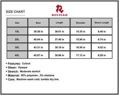 Size Chart - Women's Plus Size Cutout Ruched Round Neck Short Sleeve Dress 95% Polyester 5% Elastane for comfortable fit movement