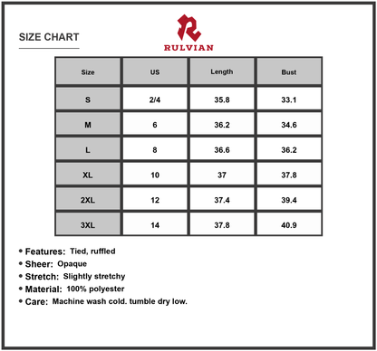 Size Chart - Women's Full Size Ruffled Surplice Cap Sleeve Dress in 100% Polyester Fabric Lined Machine Wash Cold Tumble Dry Low